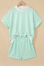 Yellow Polka Dot Print Color Block Trim Mock Neck Short Set