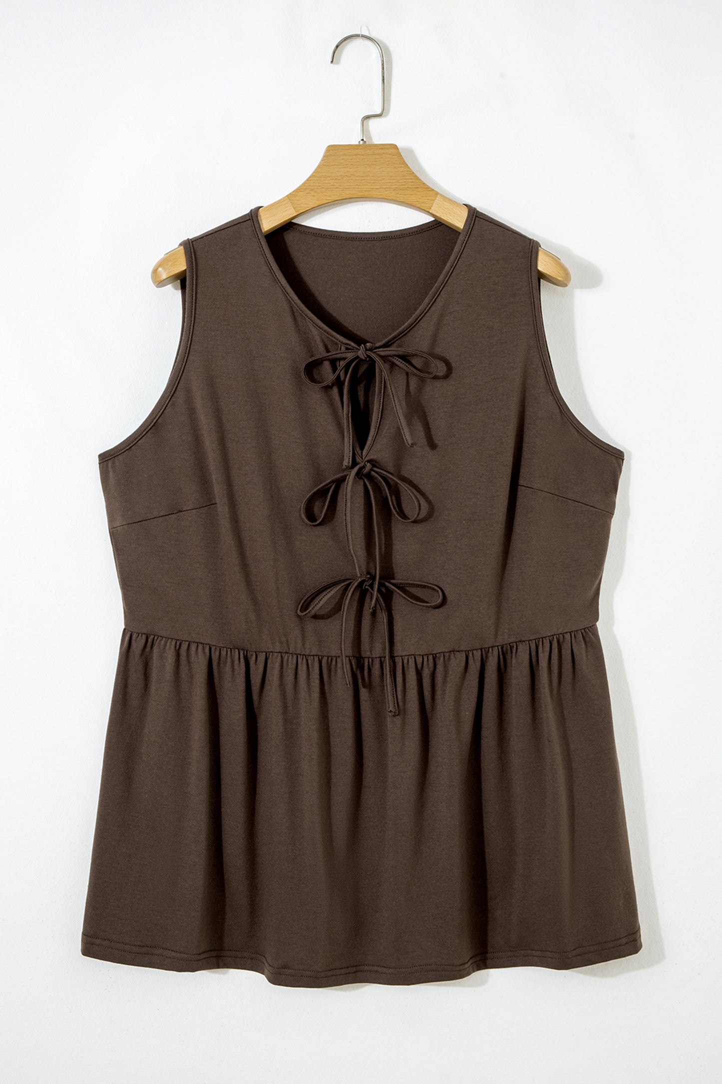 Coffee Plus Size Solid Color Bow Tie Peplum Tank Top