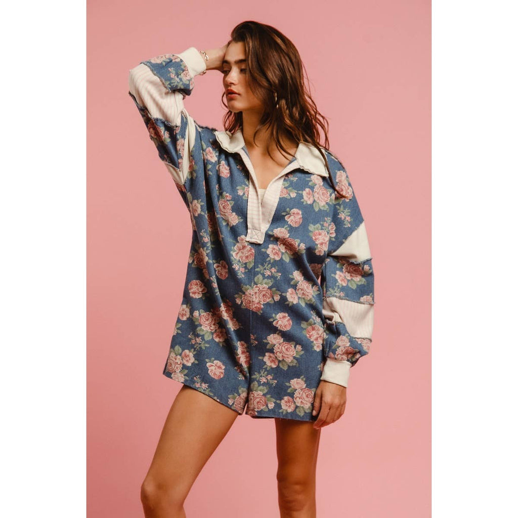 WASHED FLORAL DENIM ROMPER WITH CONTRAST COLLAR