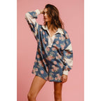 WASHED FLORAL DENIM ROMPER WITH CONTRAST COLLAR