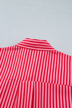 Red Stripe Button-Up Shirt Long Sleeve Patch Pocket Casual Shirt