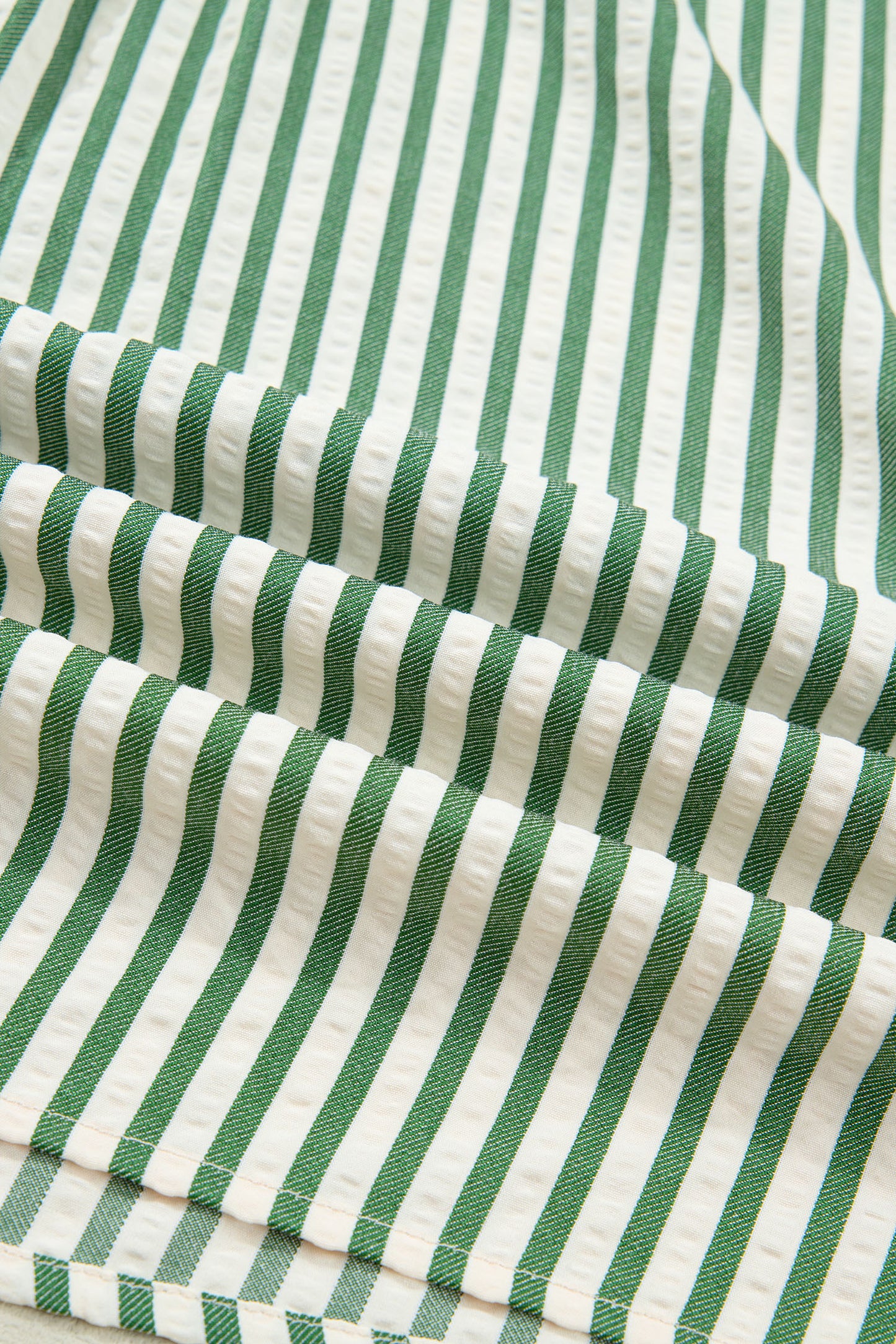 Green Stripe Collared Split Neck Short Bubble Sleeve Blouse