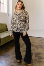 Brown Camouflage Zipper Collar Front Pocket Pullover Sweatshirt