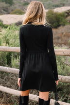Frilled Neck Ribbed Knit Patchwork Long Sleeve Mini Dress