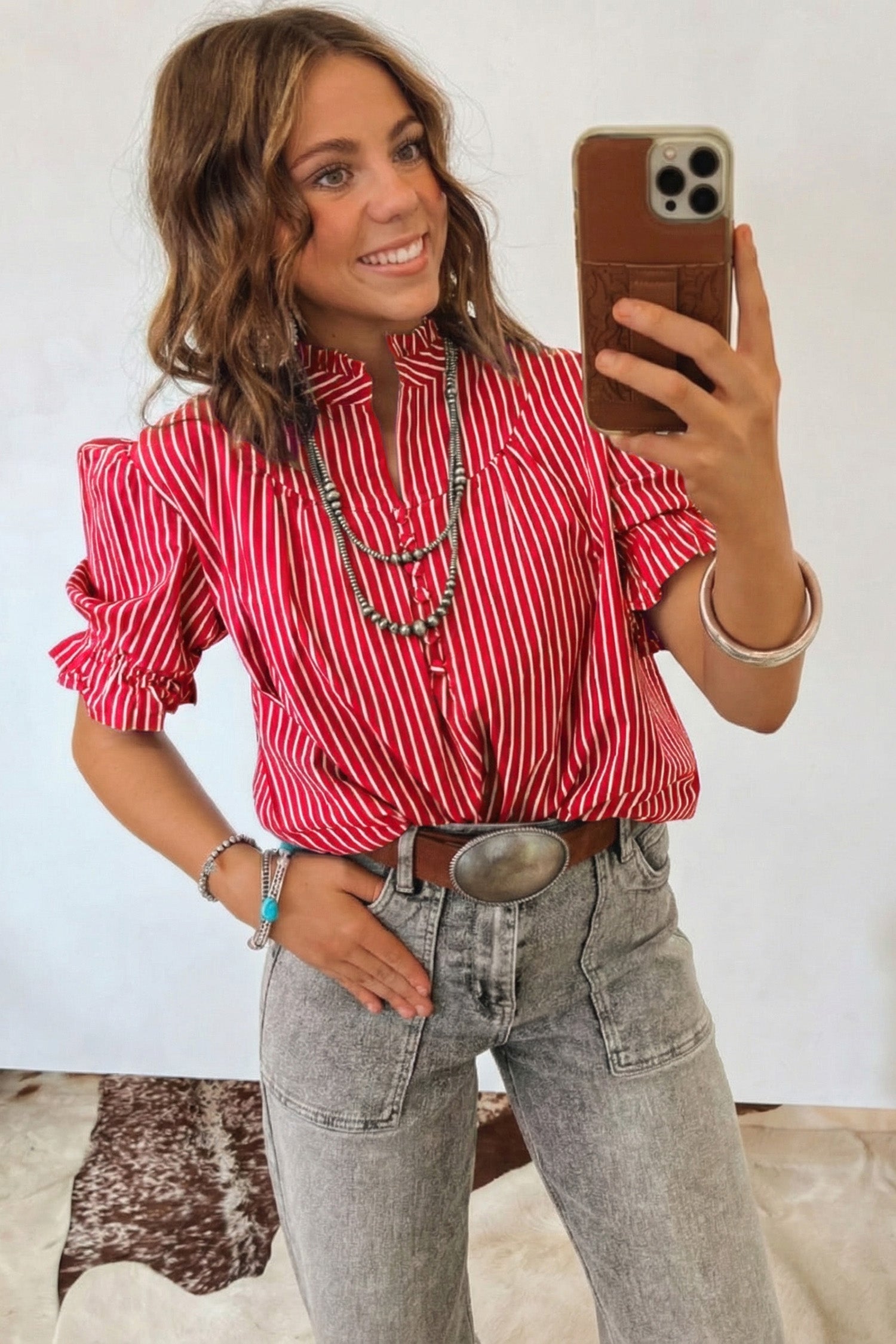 Stripe Ruffled Short Puff Sleeve Button Front Blouse