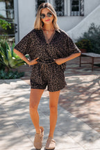 Brown V Neck Collar Leopard Printed 2pcs Short Set