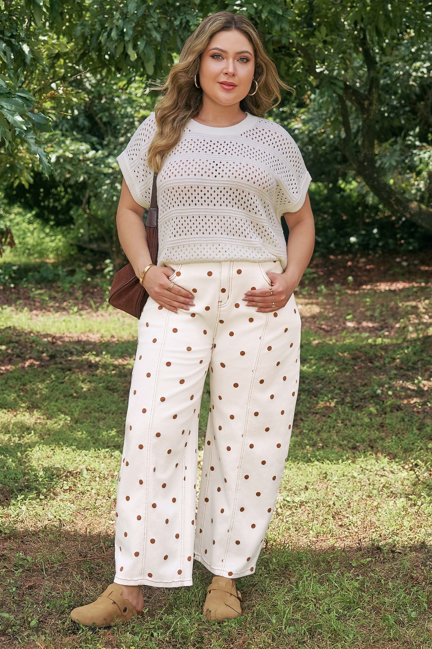 Beige Polka Dot Print Plus Size Barrel Jeans