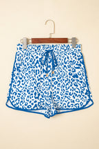 Pink Leopard Elastic Waist Lace up Contrast Trim Casual Shorts