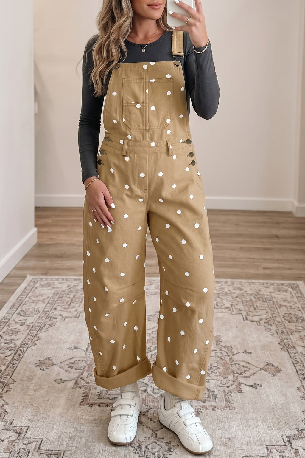Polka Dot Print Bib Pocket Denim Barrel Overalls Jumpsuit