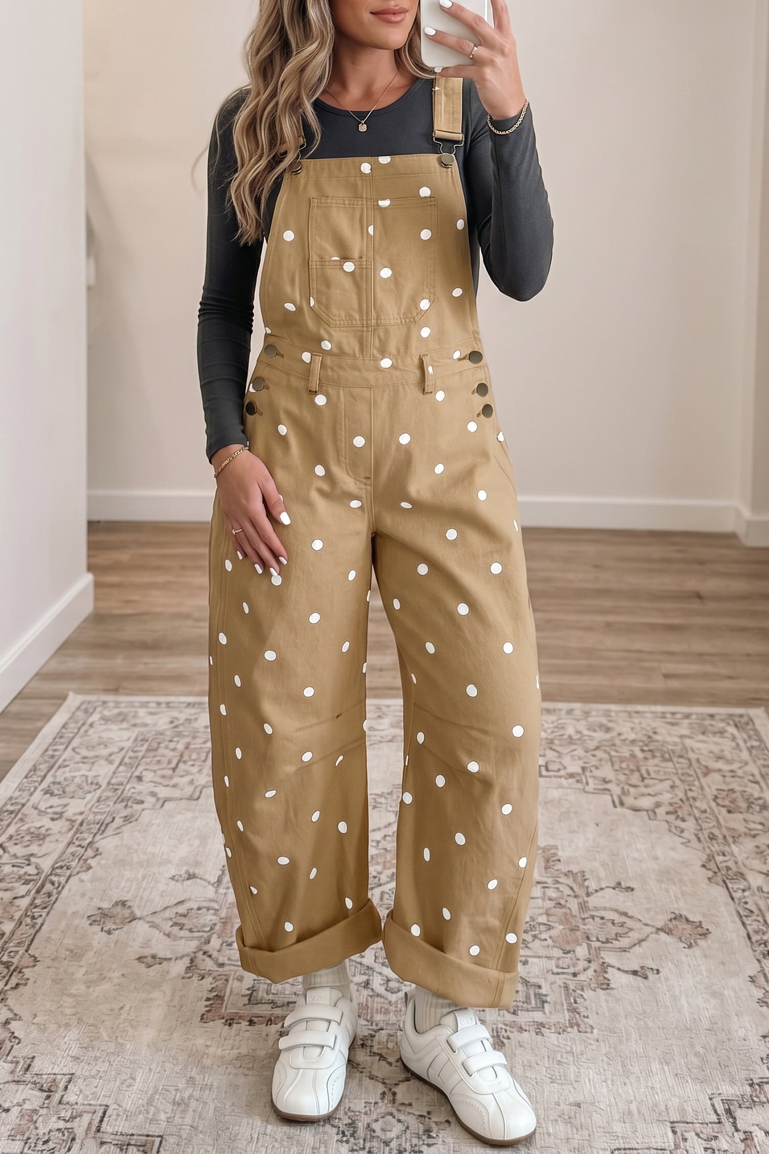 Polka Dot Print Bib Pocket Denim Barrel Overalls Jumpsuit