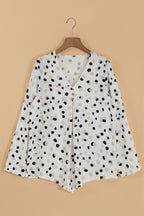 Polka Dot Print Button Front V Neck Blouse