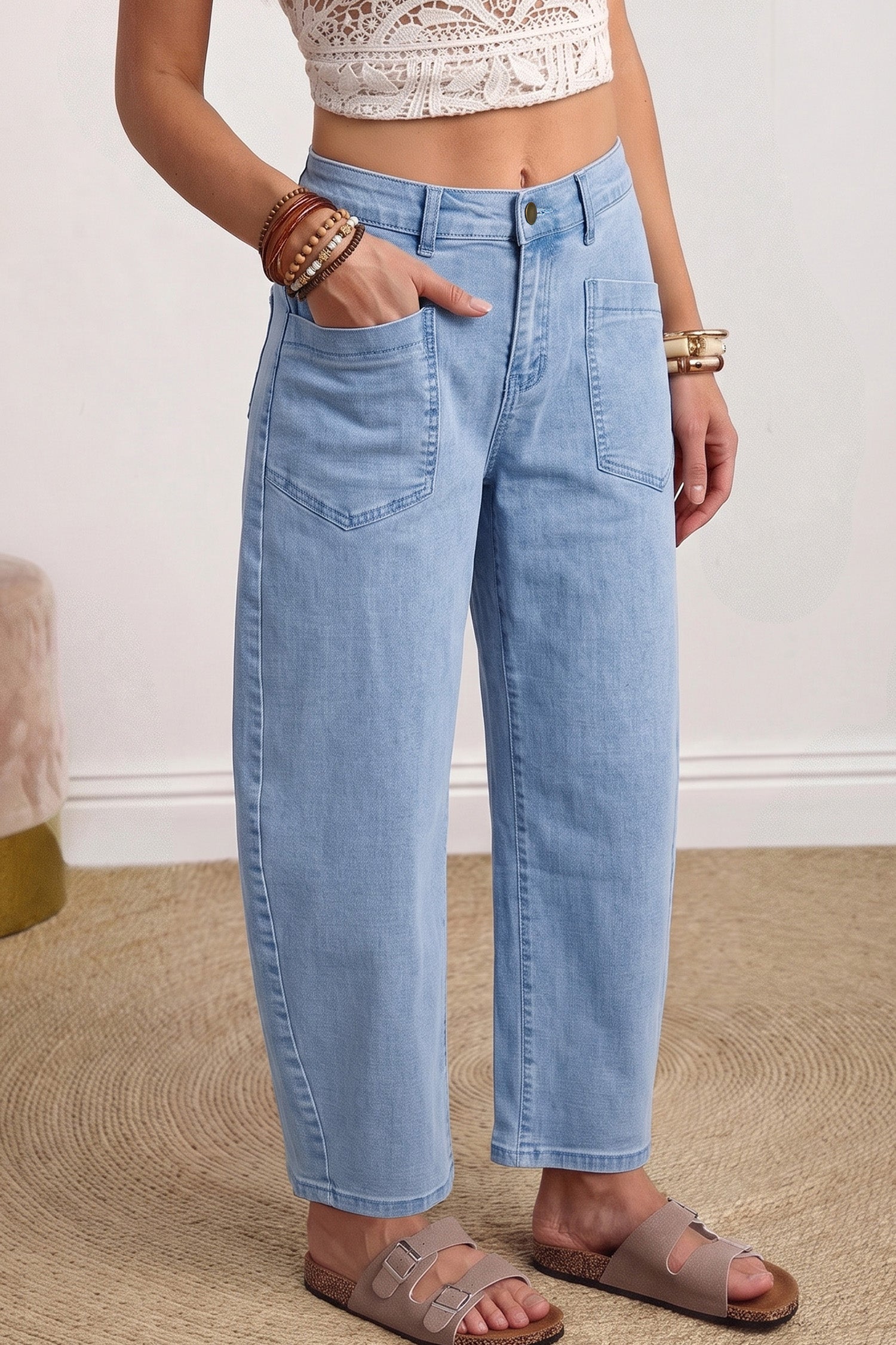Color Square Patch Pocket Ankle-length Barrel Jeans