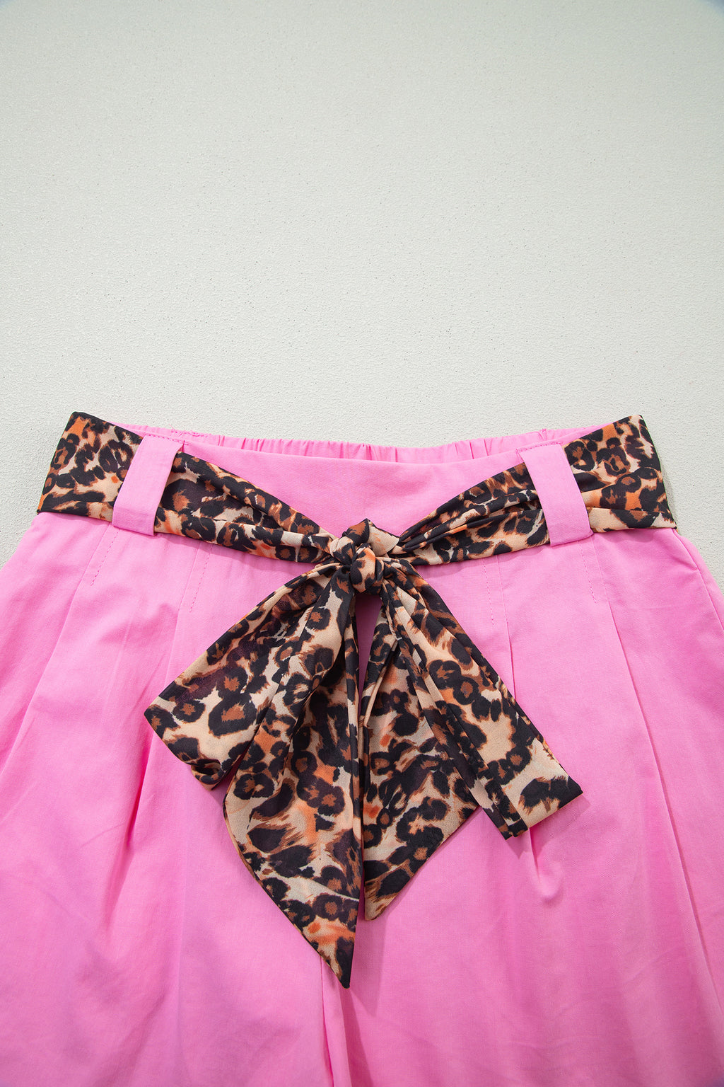 Oatmeal Leopard Contrast Sash Belt Pleated Wide Leg Shorts