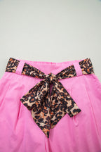 Oatmeal Leopard Contrast Sash Belt Pleated Wide Leg Shorts