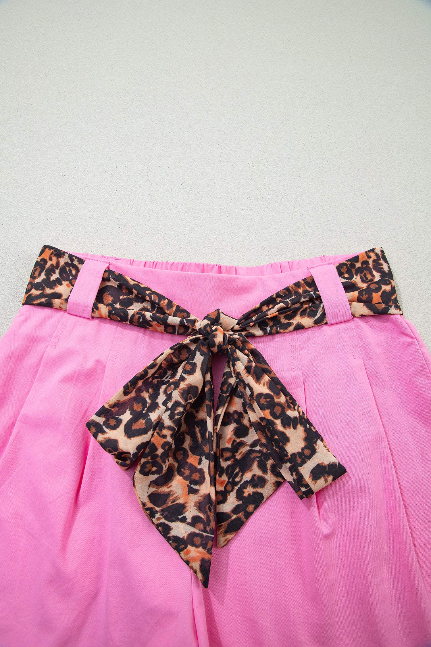 Oatmeal Leopard Contrast Sash Belt Pleated Wide Leg Shorts