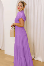 Solid Color V Neck Short Puff Sleeve High Waist Tiered Maxi Dress