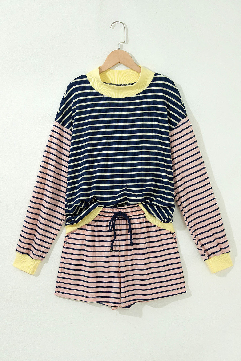 Blue Stripe Color Block Long Sleeve Pullover Ribbed Knit Casual Shorts Set