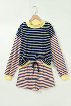 Blue Stripe Color Block Long Sleeve Pullover Ribbed Knit Casual Shorts Set