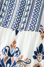 Sky Blue Plus Size Boho Print Split Neck Long Sleeve Mini Dress