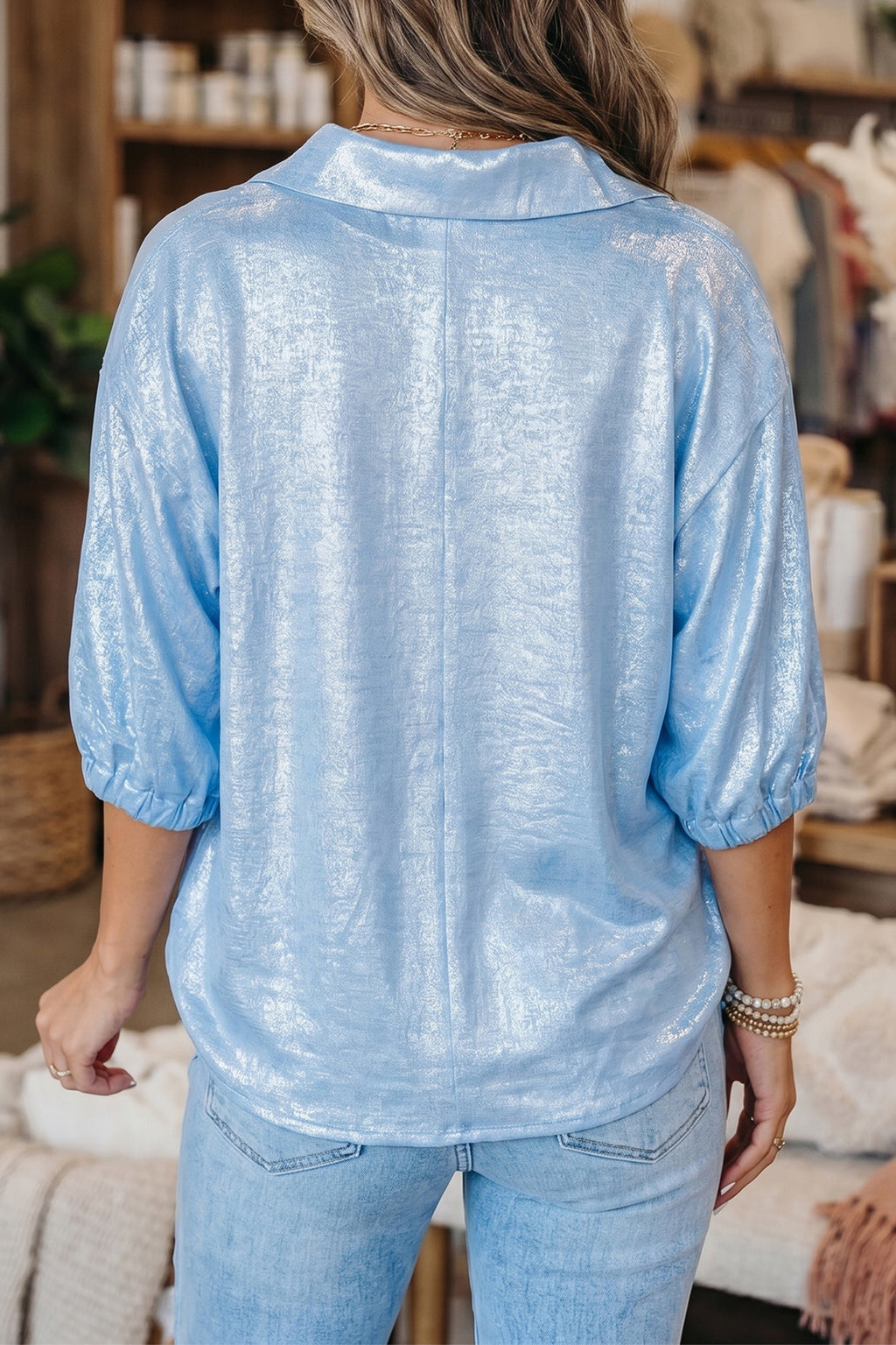 Collared V Neck Half Sleeve Metallic Top