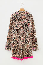 Light French Beige Leopard Print Contrast Trim Long Sleeve Shirt Drawstring Ruffle Hem Short Set