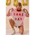 GAMEDAY THEME STRIPE KNIT TOP WITH SLEEVE PATCHED