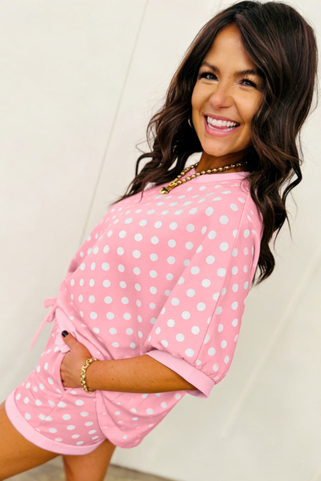 Sky Blue Polka Dot Oversized Top Drawstring Short Set