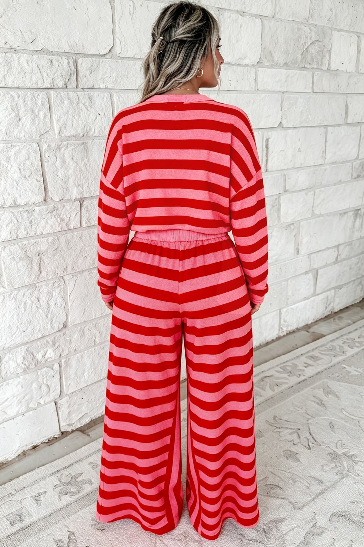 Red Stripe two-piece drop shoulder pullover and loose pants set by Dear-Lover, casual loungewear with relaxed fit and stylish design.