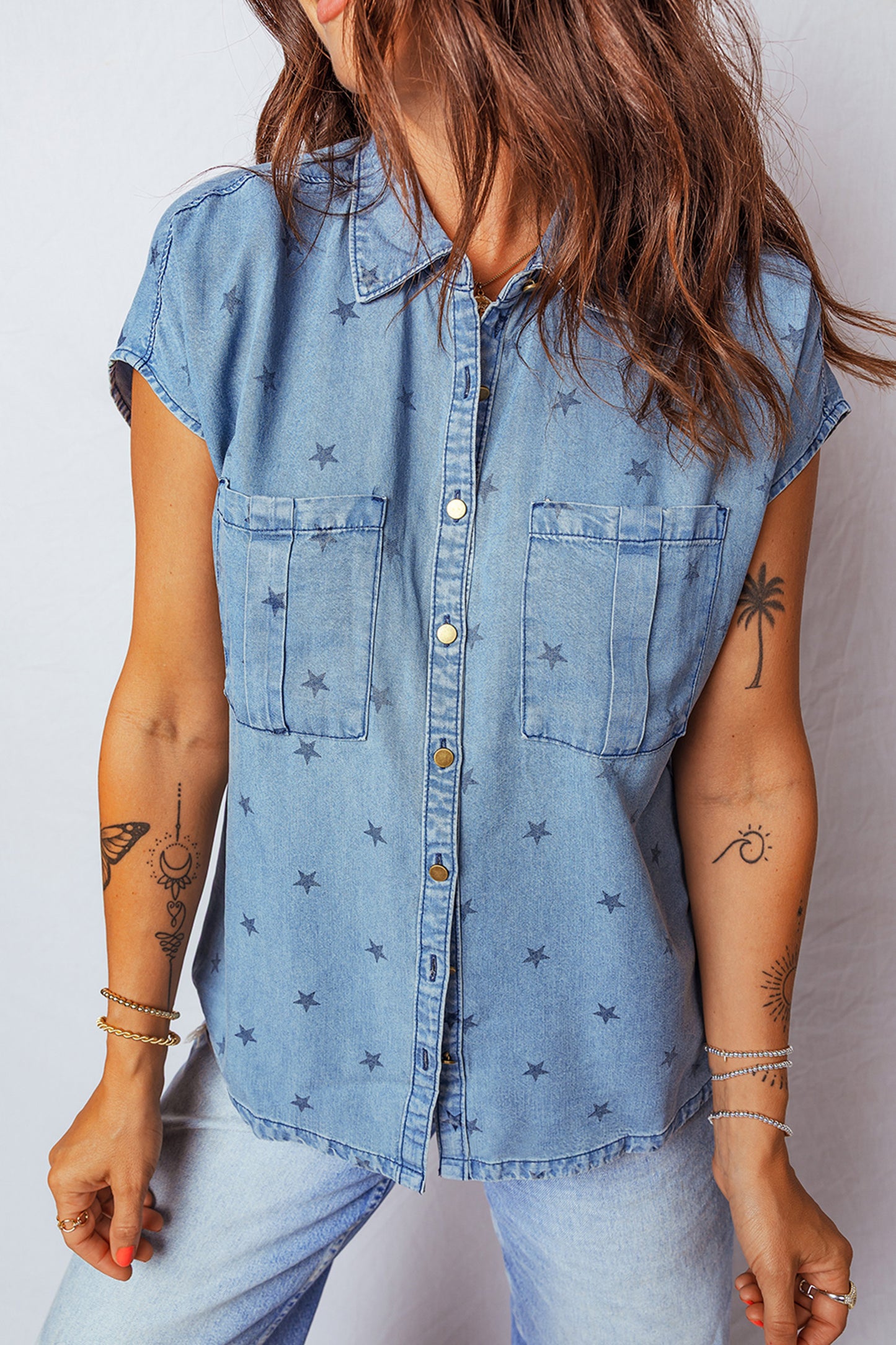 Beau Blue Star Allover Print Double Chest Pocket Short Sleeve Denim Shirt