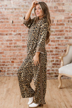 Brown Leopard Collared 3/4 Sleeve Shirt and Loose Pants Two Piece Outfit Set