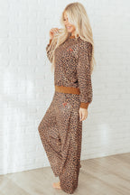 Khaki Leopard Pullover and Pants 2pcs Outfit with Bow Embroidery
