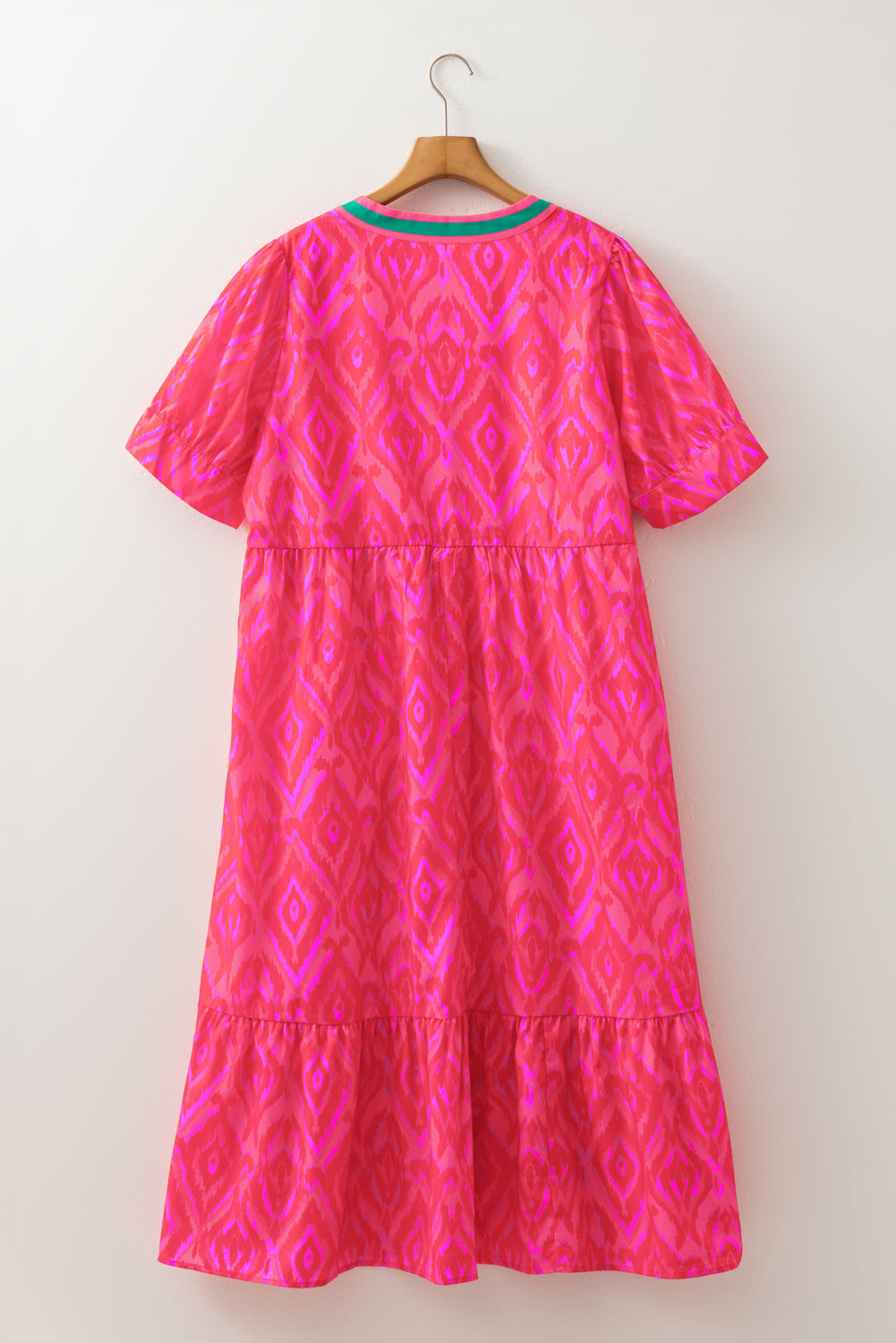 White Allover Print Contrast Split Neckline Short Puff Sleeve Curvy Dress