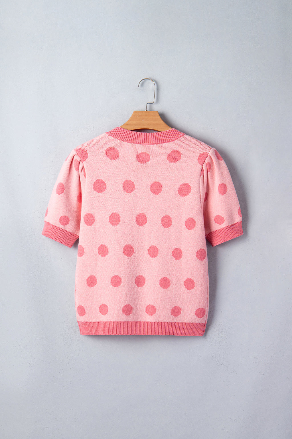 Rose Red Polka Dot Puff Short Sleeve Sweater Top