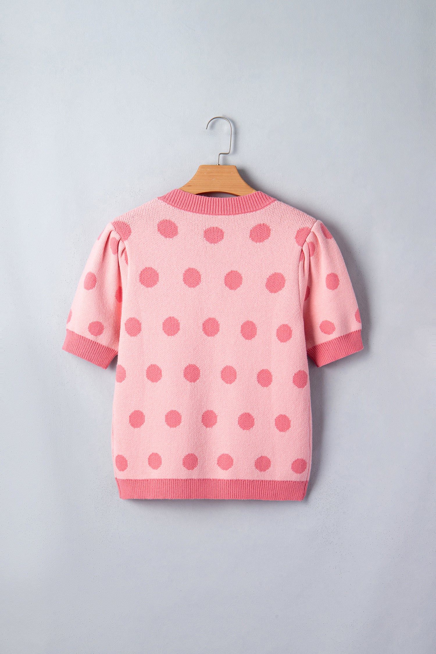 Rose Red Polka Dot Puff Short Sleeve Sweater Top