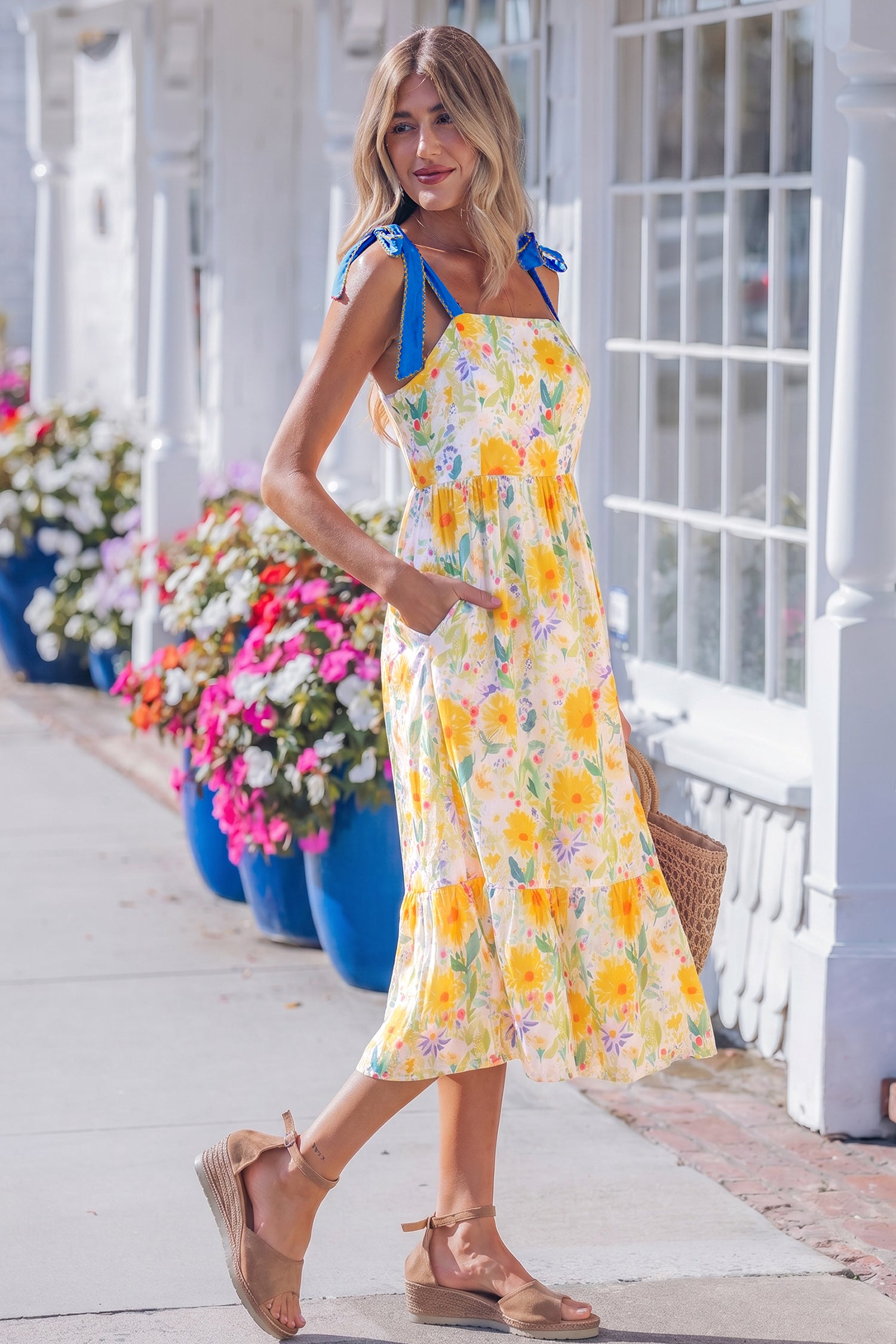 Red Floral Print Contrast Stitched Knot Denim Straps High Waist Dress