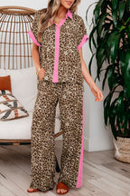 Brown Contrast Trim Leopard Top and Pant Set