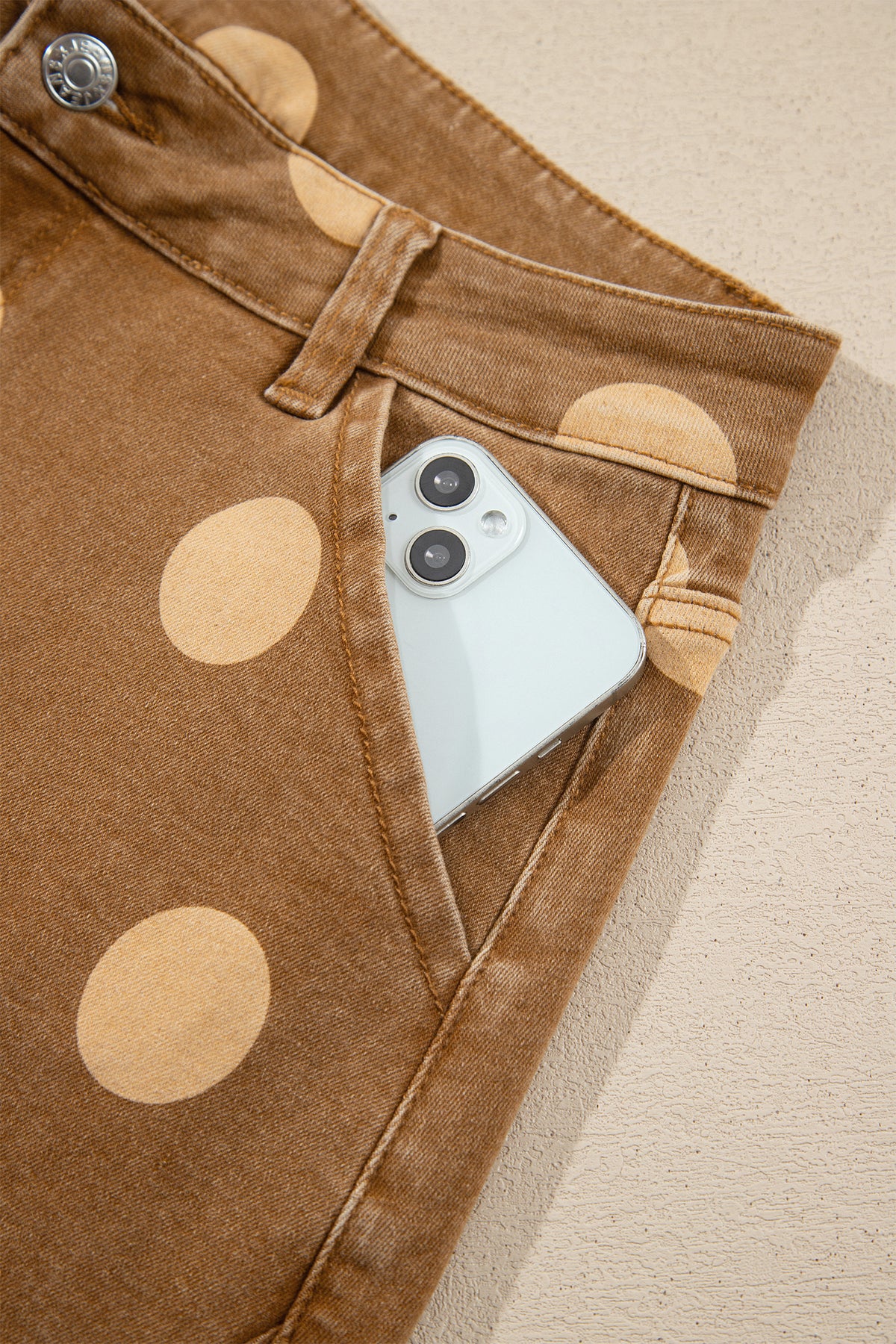 Polka dot ankle-length casual jeans with metal buttons from Dear-Lover featuring a stylish, relaxed fit and polka dot pattern.