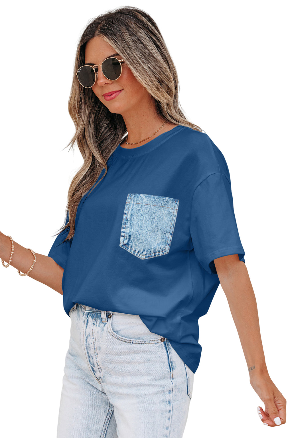 Sail Blue Color Block Chest Pocket Patched Casual Short Sleeve Top