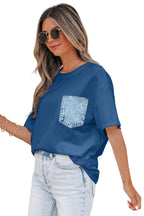 Sail Blue Color Block Chest Pocket Patched Casual Short Sleeve Top