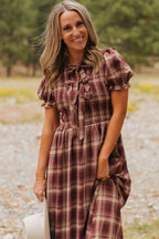 Red Vintage Plaid Knot Front Smocked High Waist Midi Dress