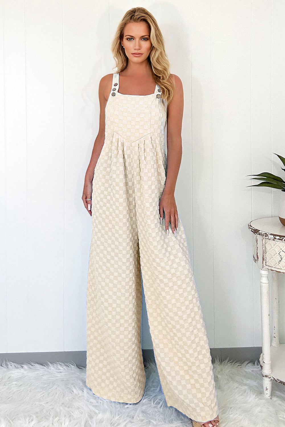 Checkered Pocketed High Waist Wide Leg Overall