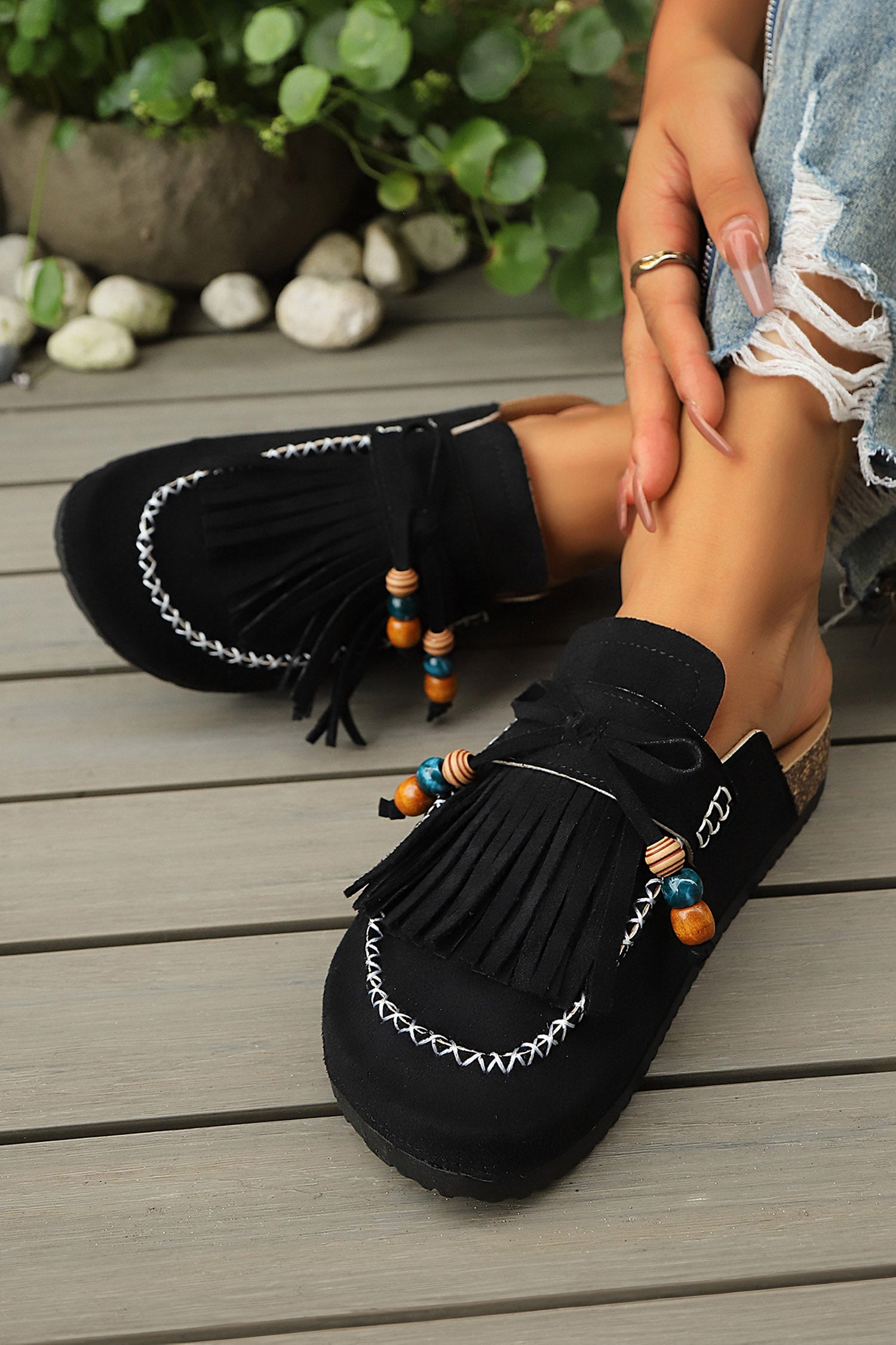 Color black Boho Bow Fringed Faux Suede Slip-on Loafers Square Toe Casual Slippers