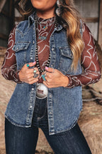 Ashleigh Blue Solid Denim Button Front Pocket Sleeveless Cowboy Vest