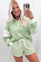 Smoke Green Striped Color Block Pullover Top Drawstring Shorts Set