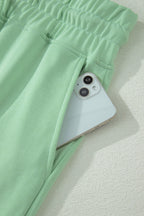 Mist Blue Solid Color Ribbed Trim Short Sleeve Top Drawstring Loose Pants 2pcs Outfit