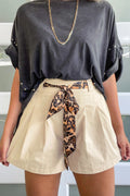 Oatmeal leopard contrast sash belt pleated wide-leg casual shorts by Dear-Lover, 100% cotton, stylish and comfortable for warm weather.
