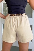 Oatmeal leopard contrast sash belt pleated wide-leg casual shorts by Dear-Lover, made of 100% cotton, featuring a stylish leopard print design.