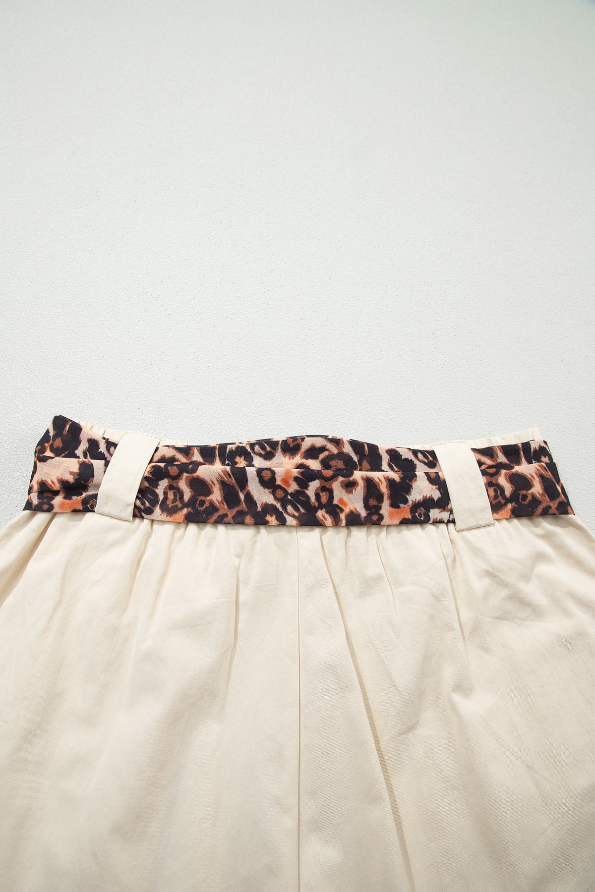 Oatmeal leopard contrast sash belt pleated wide-leg casual shorts by Dear-Lover, made of 100% cotton, with a stylish leopard print design.