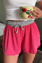 Rose stripe casual ribbed shorts with contrast elastic waistband, made from polyester and elastane, by Dear-Lover.