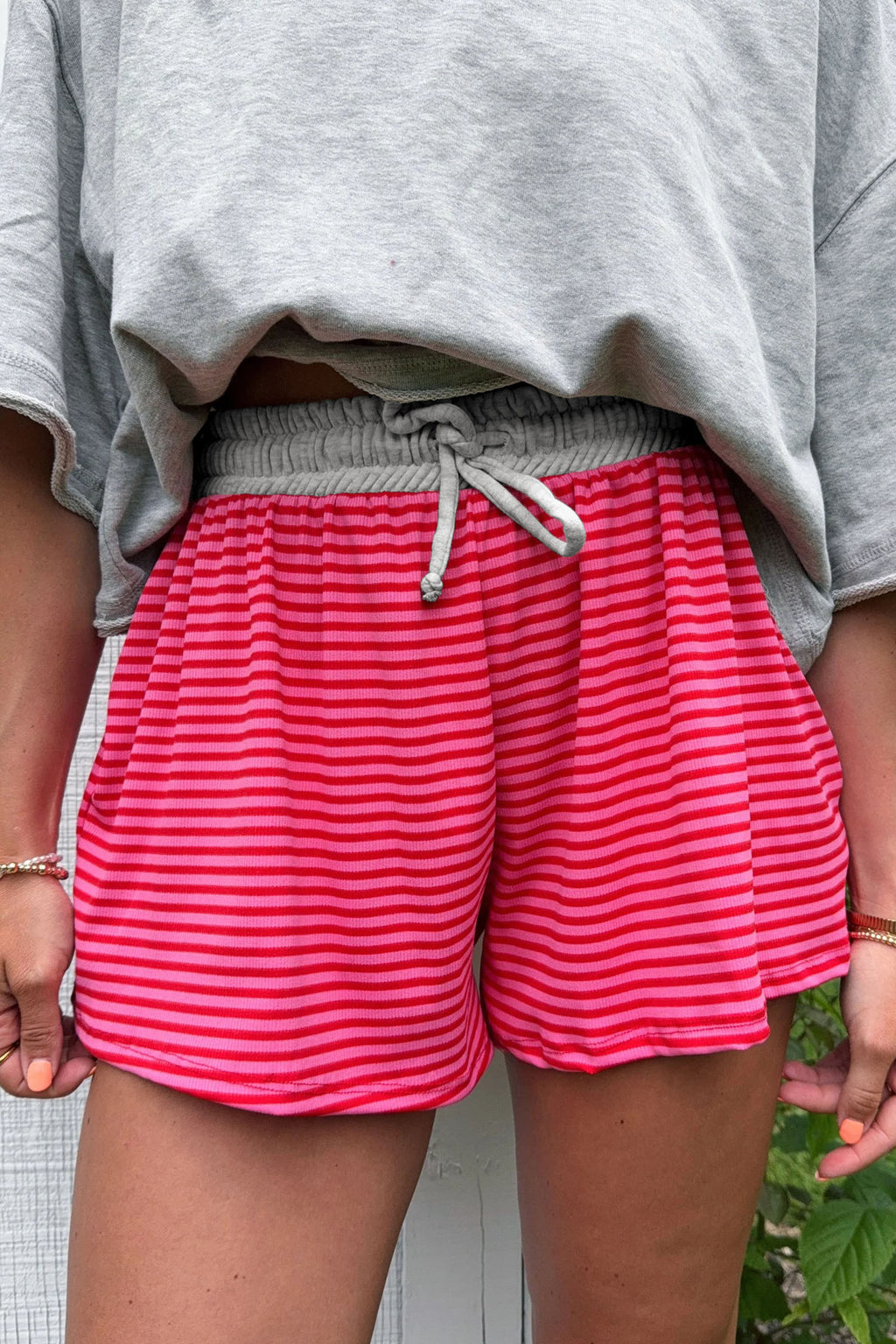 Dear-Lover Rose Stripe Contrast Elastic Waist Casual Ribbed Shorts, lightweight polyester and elastane, with a stylish rose stripe design.